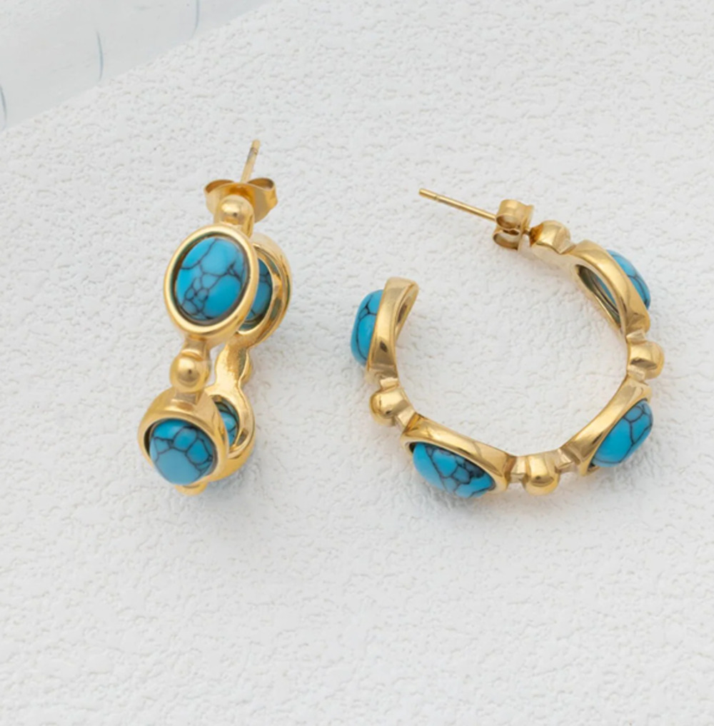 18K Gold PVD Stainless Steel Turquoise Stone Huggie Earrings Bohemian